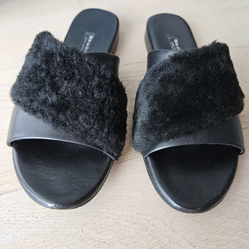 Newbark Women's Size 10 Yasmin Leather Shearling Slide Flat Sandal Black - Picture 8 of 11